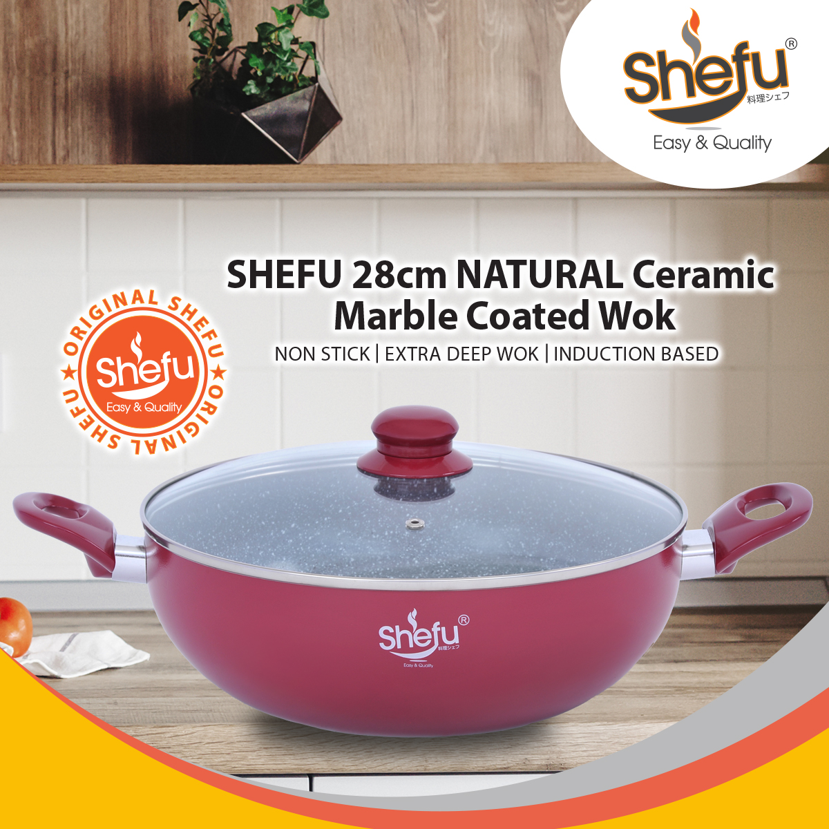 SHEFU 28cm NATURAL ECO NON STICK Ceramic Marble Coated Wok with double handles