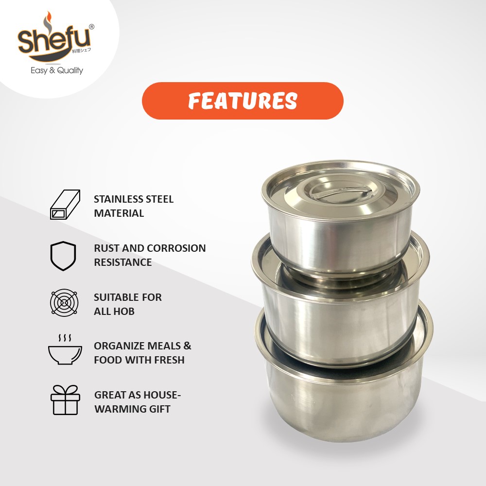 Shefu 3pcs Stainless Steel Indian Pot Set with lid, size 18cm/22cm/24cm