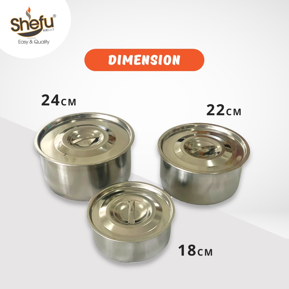 Shefu 3pcs Stainless Steel Indian Pot Set with lid, size 18cm/22cm/24cm